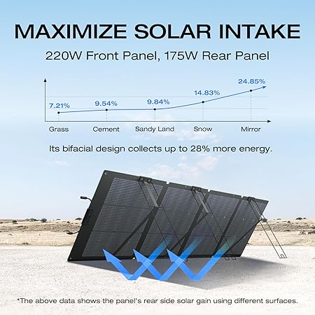 EF ECOFLOW 220W Portable Solar Panel, Bifacial Design Up to 25% Conversion Efficiency N-Type Solar Cell, with Adjustable Kickstand, IP68 Waterproof, Foldable Solar Panel for Camping RVing Home Backup