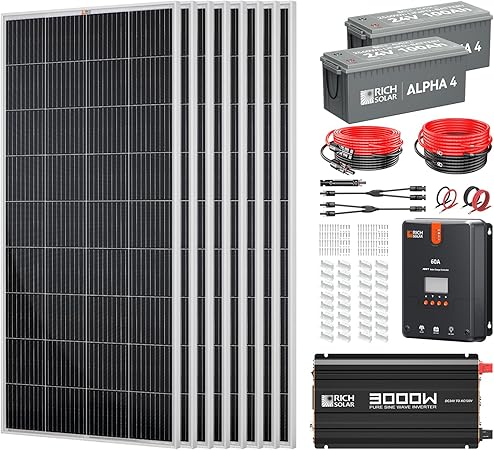 RICH SOLAR 1600W 24V Complete Solar Kit - 200W Mono Solar Panel, 60A MPPT Charge Controller, 100Ah Battery, 3000W Inverter