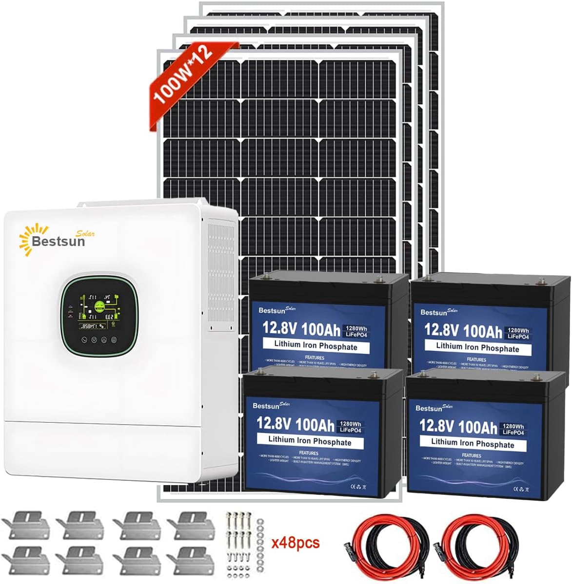 BPS-5000W Solar Power System with 1200W Solar Panels for Home, 51.2V 100Ah LiFePO4 Battery 5120Wh 5KW Powerwall and 5KW 120V Hybrid Inverter for Homes and Solar Power Generator