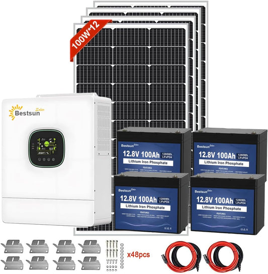 BPS-5000W Solar Power System with 1200W Solar Panels for Home, 51.2V 100Ah LiFePO4 Battery 5120Wh 5KW Powerwall and 5KW 120V Hybrid Inverter for Homes and Solar Power Generator